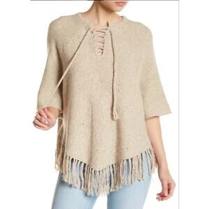 Joie Pedra Lace-Up Fringe Wool Blend Knit‎ Sweater